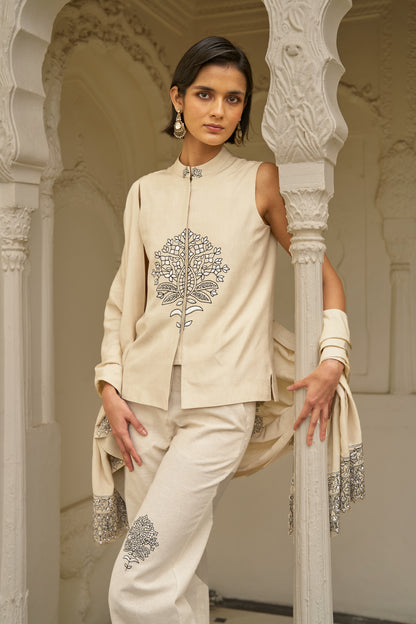 LINEN EMBROIDERED PANT SET WITH SHAWL