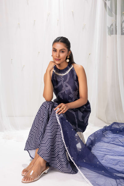 NAVY BLUE BANDHANI PRINTED HALTER SUIT SET