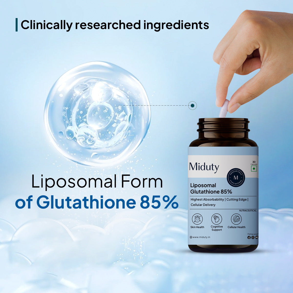 Miduty Liposomal Glutathione 85% 650 mg - Advanced Nano-Liposomal Formula with Lipoglo - 8X Absorption - TEM Verified - 30 Veg Capsules