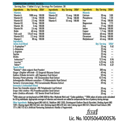 Advanced Multivitamin For Sports & Fitness, 30 Tablets | With Amino Acid, Energy, Antioxidant & Immunity Blends, 24 Vitamins & Minerals | For Immunity & Energy