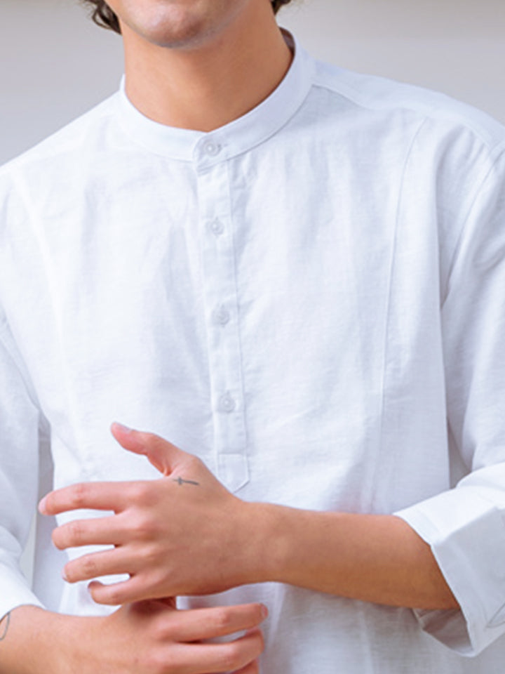 Panel Detail Cotton Linen White Kurta - Halfway