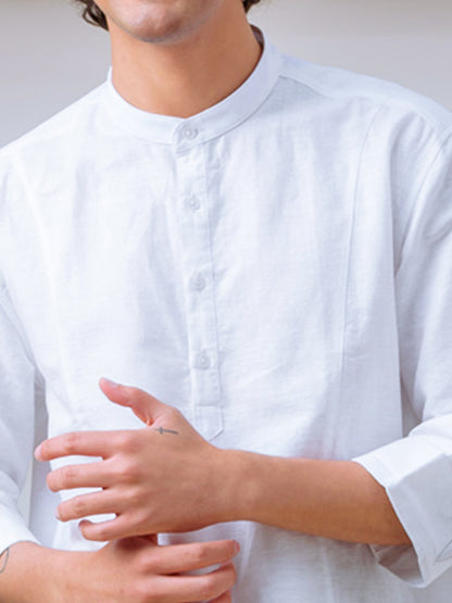 Panel Detail Cotton Linen White Kurta - Halfway