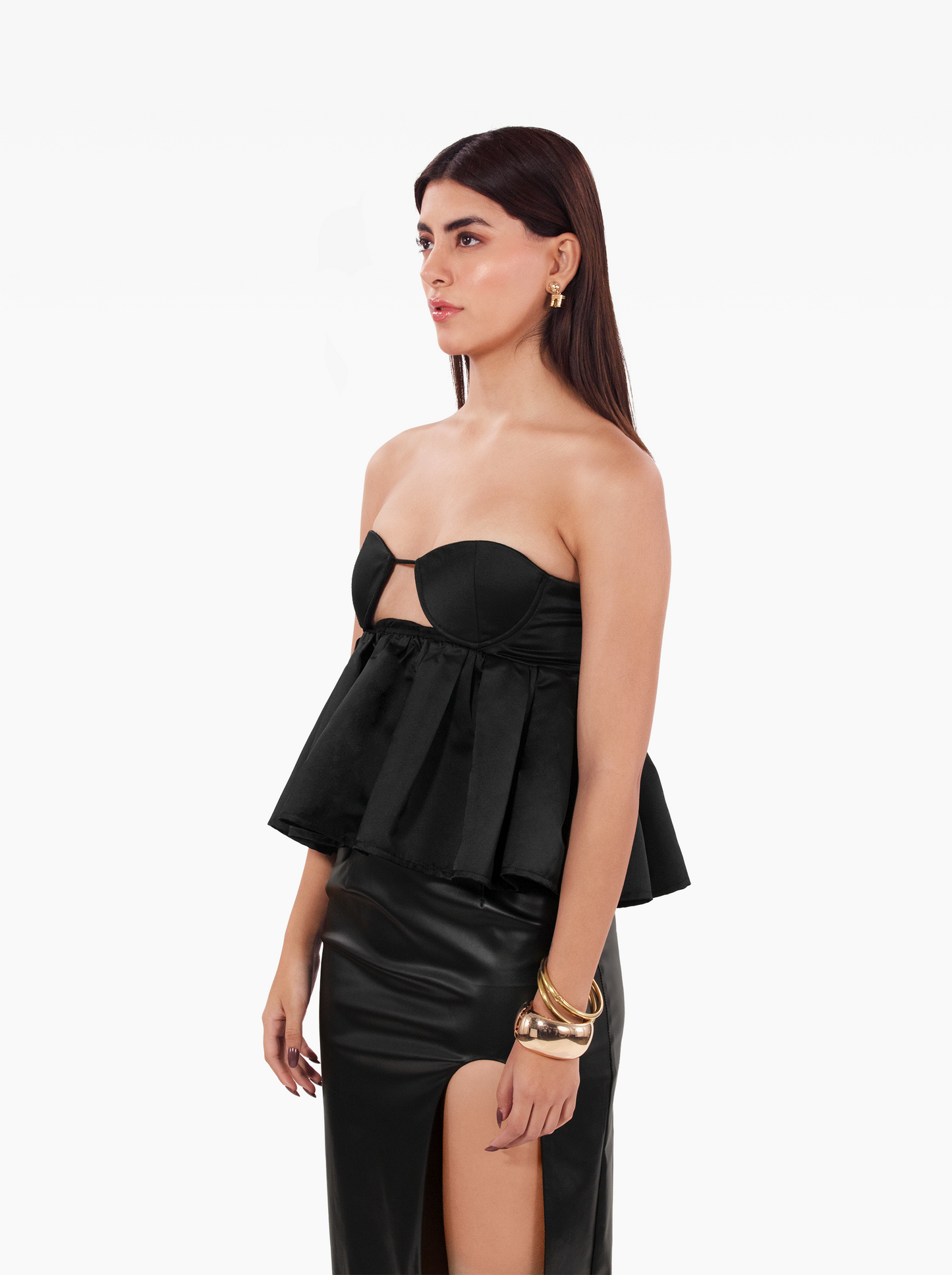 love talk top - black strapless, satin peplum top with an under-bust cutout birthday, party, dinner, vacation, date night outfits - SOLÉITE