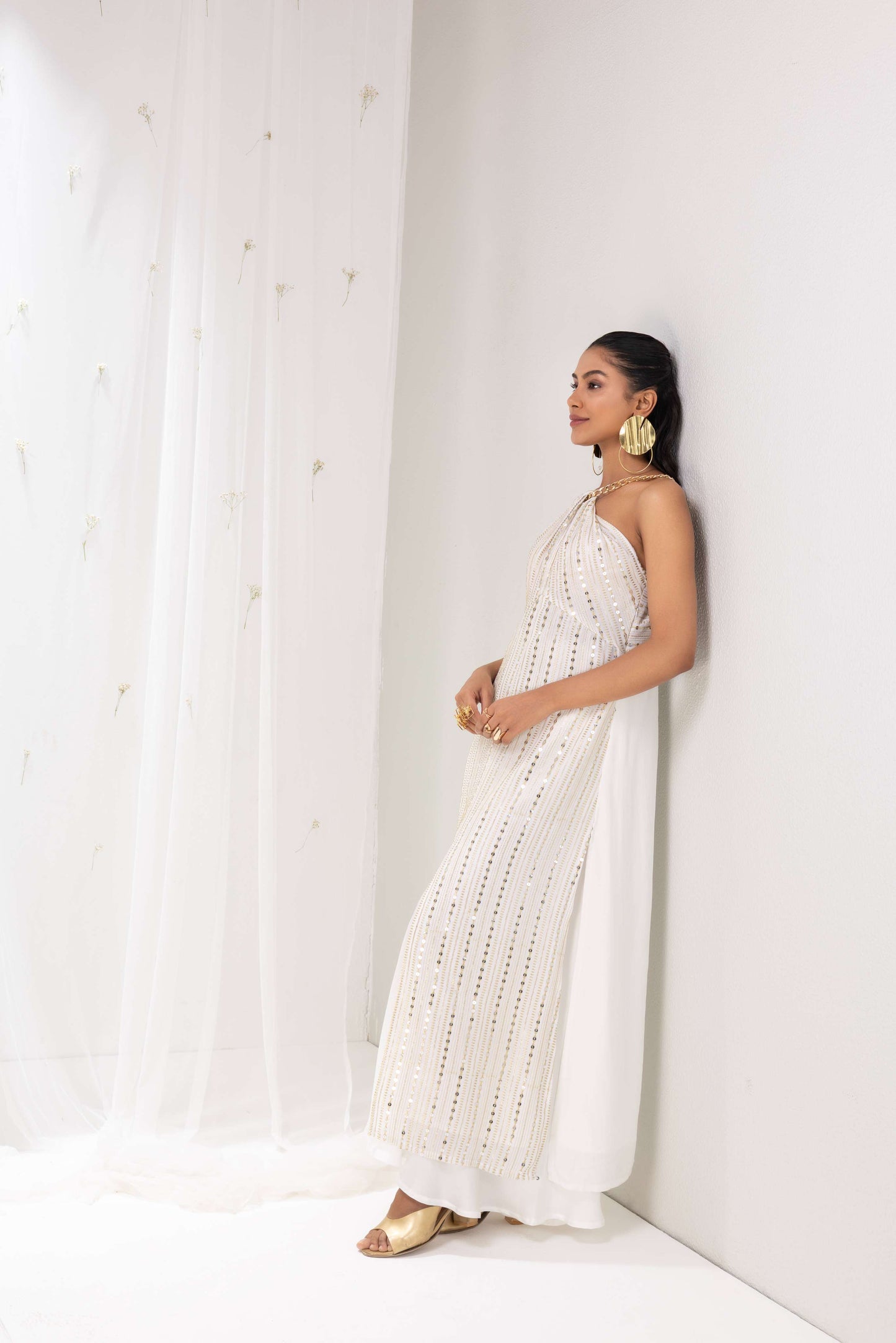 White and gold sequence embroidered Kurta set