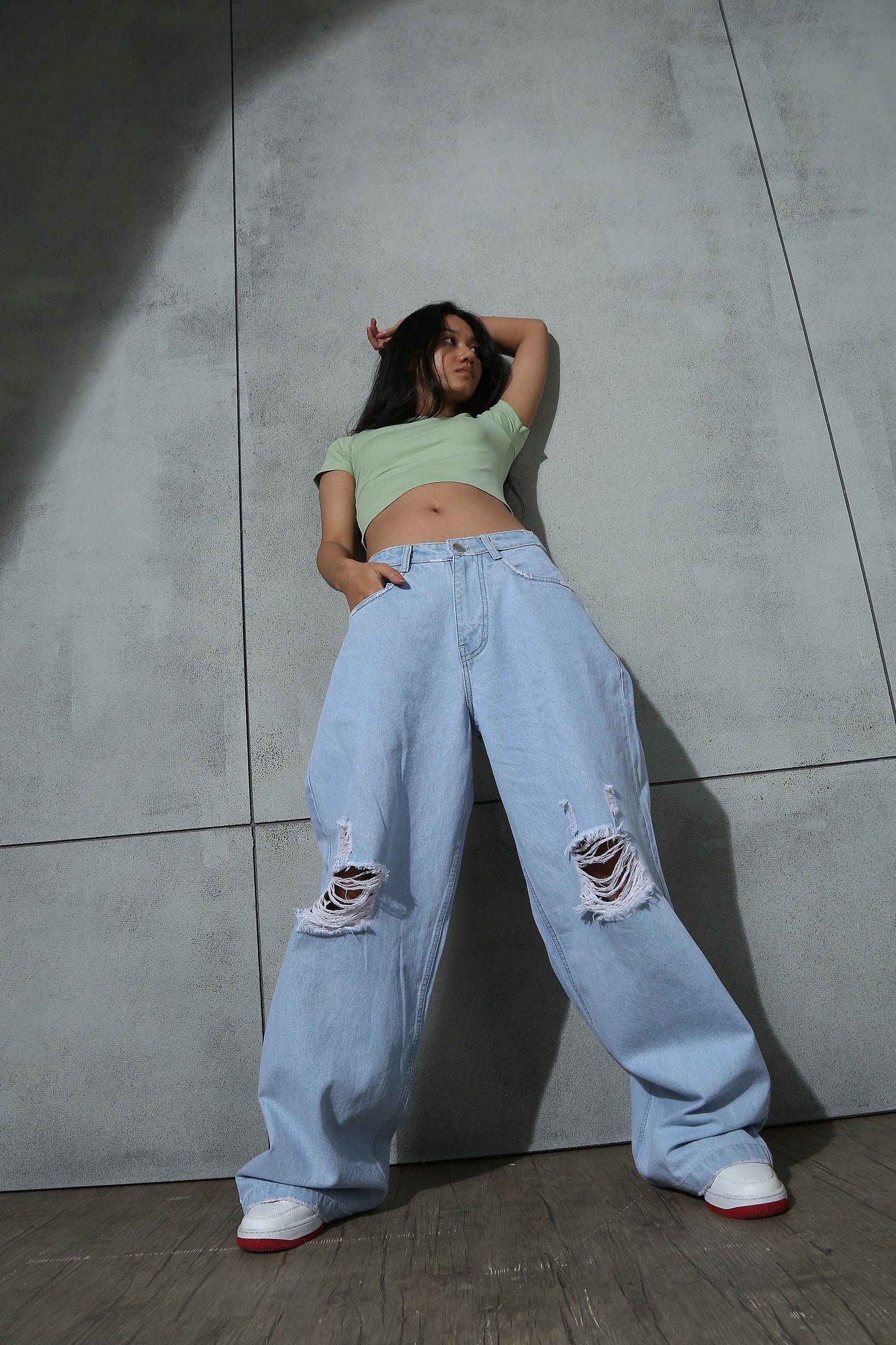 Distressed Blue Baggy Denim