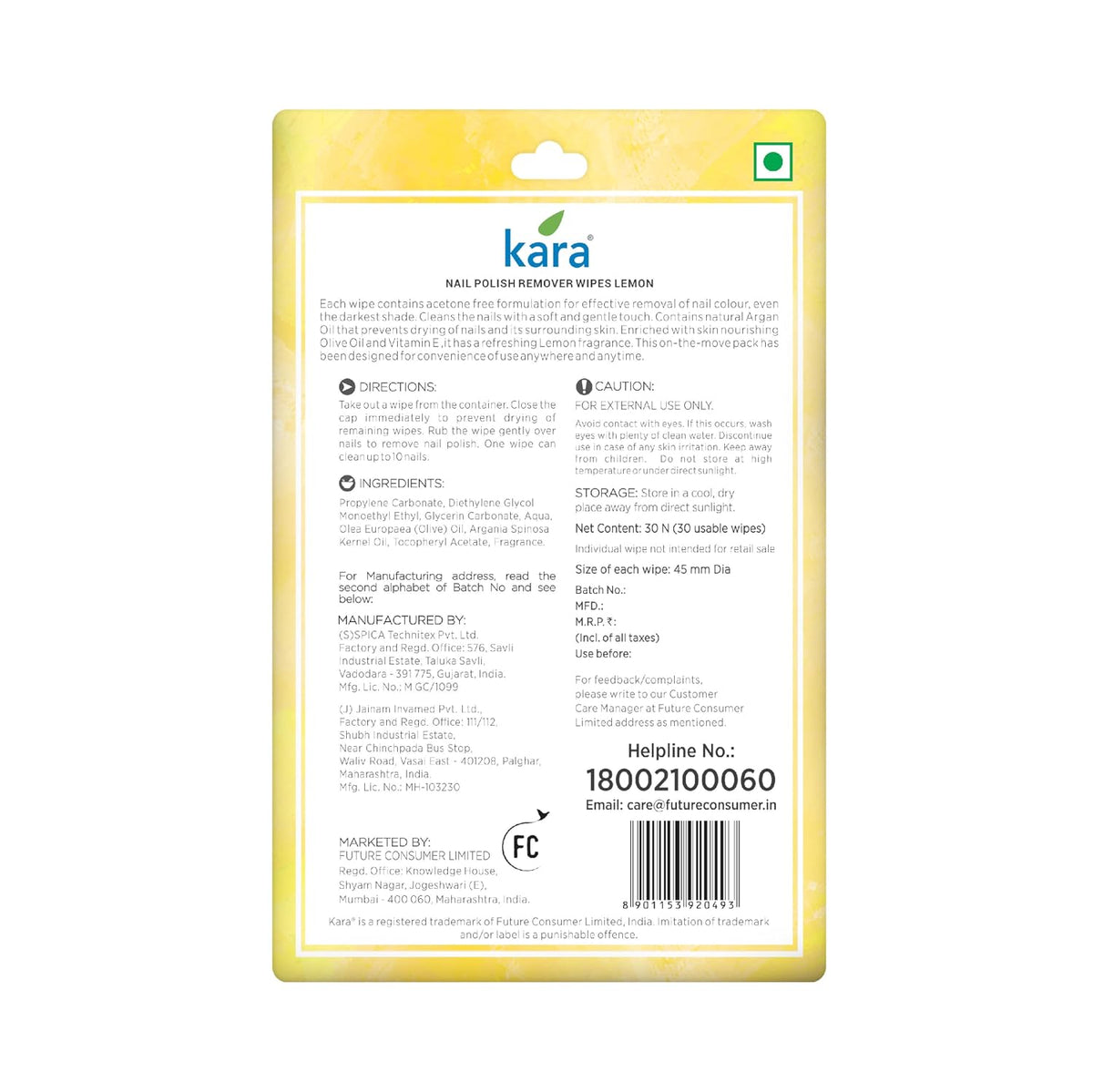 Kara Nail Polish Remover Wipes| Lemon Fragrance