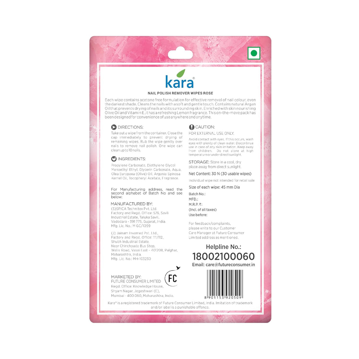 Kara Nail Polish Remover Wipes| Rose Fragrance