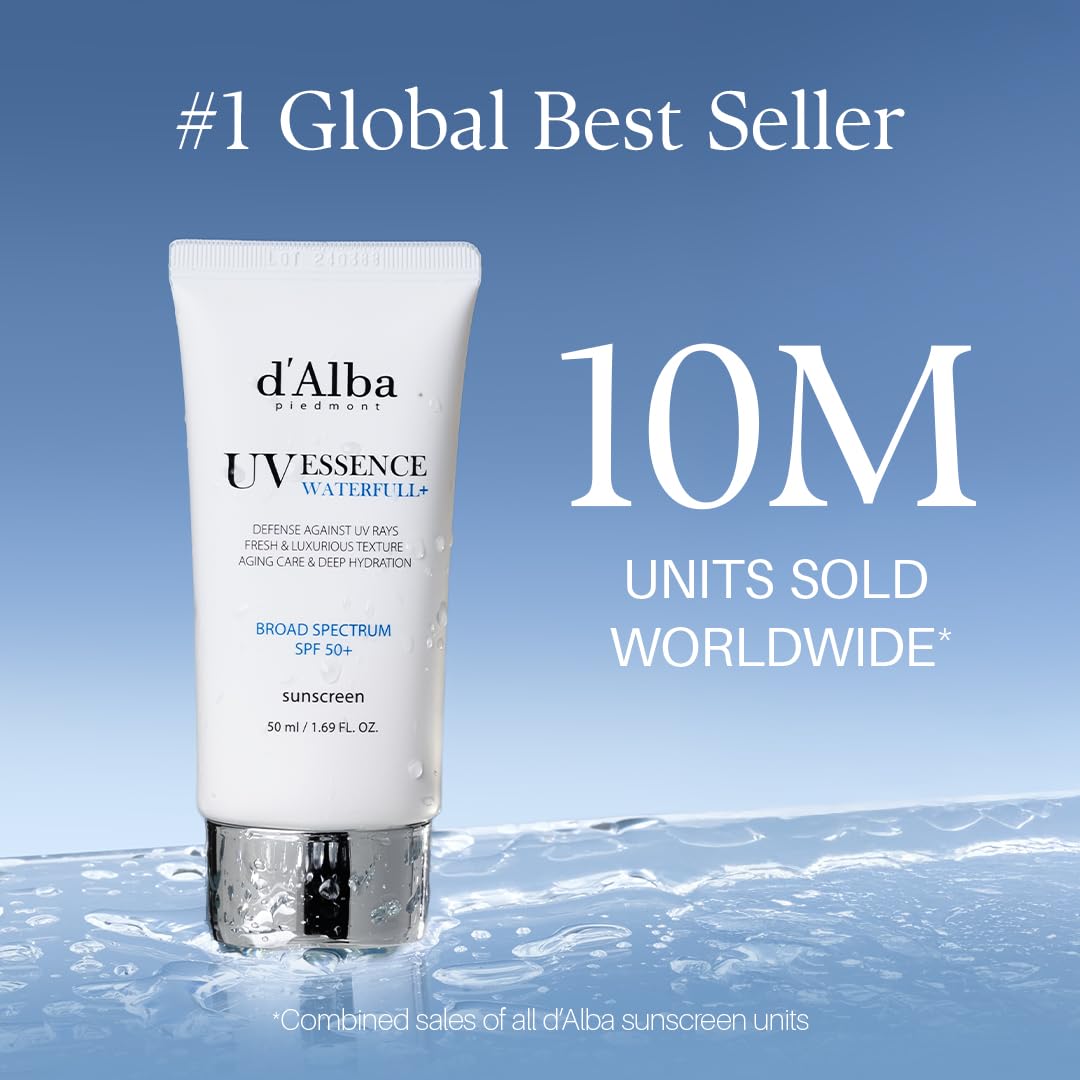 d'Alba Piedmont Italian White Truffle Waterfull Essence Sunscreen, Vegan Skincare, Lightweight Sunscreen with BROAD SPECTRUM SPF 50+, Glowy, Safe for all Skin Types, Korean Skin Care - 50 ml