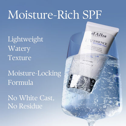 d'Alba Piedmont Italian White Truffle Waterfull Essence Sunscreen, Vegan Skincare, Lightweight Sunscreen with BROAD SPECTRUM SPF 50+, Glowy, Safe for all Skin Types, Korean Skin Care - 50 ml