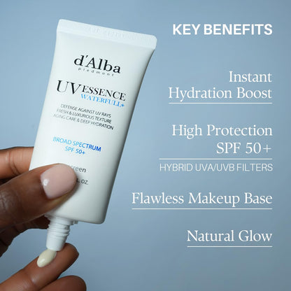 d'Alba Piedmont Italian White Truffle Waterfull Essence Sunscreen, Vegan Skincare, Lightweight Sunscreen with BROAD SPECTRUM SPF 50+, Glowy, Safe for all Skin Types, Korean Skin Care - 50 ml