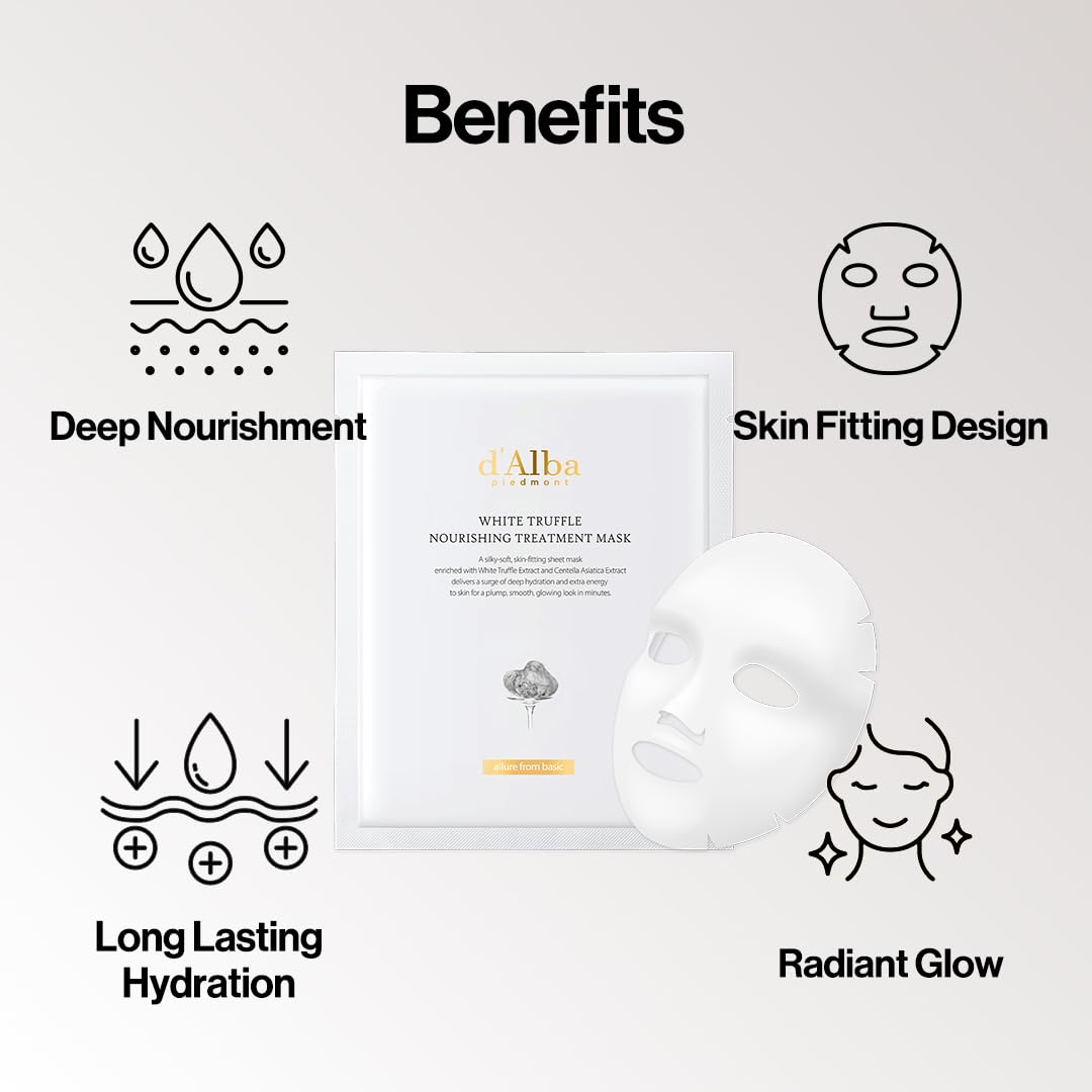 d'Alba Piedmont Italian White Truffle Nourishing Treatment Mask, Vegan Skincare, Nourishing And Soothing Sheet Mask For Dry And Tired Skin, Safe For Sensitive Skin, Deep Hydration Mask, 5 Count