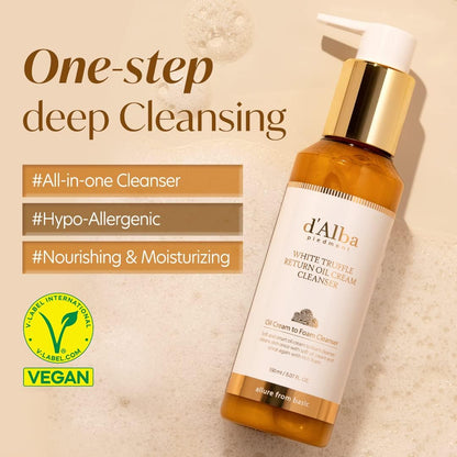 d’Alba Piedmont Italian White Truffle Return Oil Cream Cleanser, Vegan Skincare, Easy One Step Cleanser for Sebum & Makeup Removal, Hydrating Cleanser, for Sensitive Skin, Korean Skin Care, 150ml