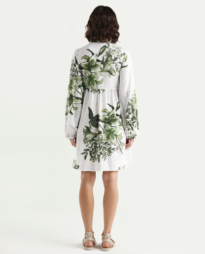 Rareism Women's Arote Off White Viscose Full Sleeve Band Collar Fit And Flare Floral Print Dress