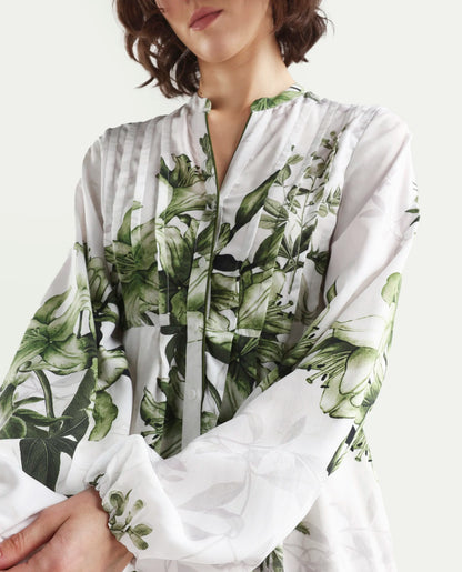 Rareism Women's Arote Off White Viscose Full Sleeve Band Collar Fit And Flare Floral Print Dress