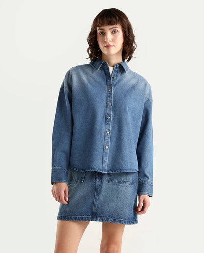 Rareism Women's Denjon Blue Full Sleeve Relaxed Fit Plain Shirt