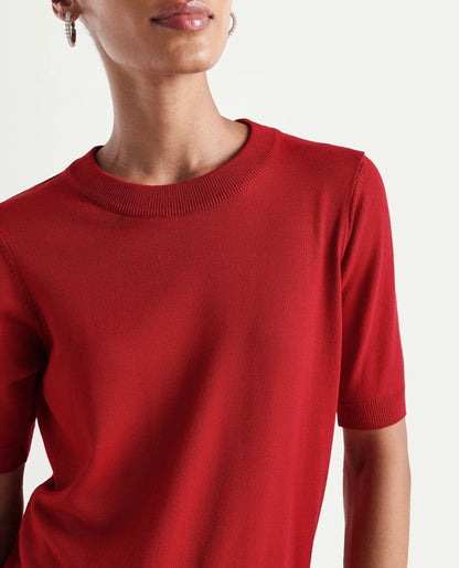 Rareism Women's Sohrdo Red Nylon Blend Half Sleeve Crew Neck Regular Fit Plain Top