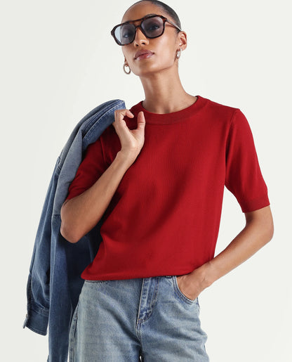 Rareism Women's Sohrdo Red Nylon Blend Half Sleeve Crew Neck Regular Fit Plain Top