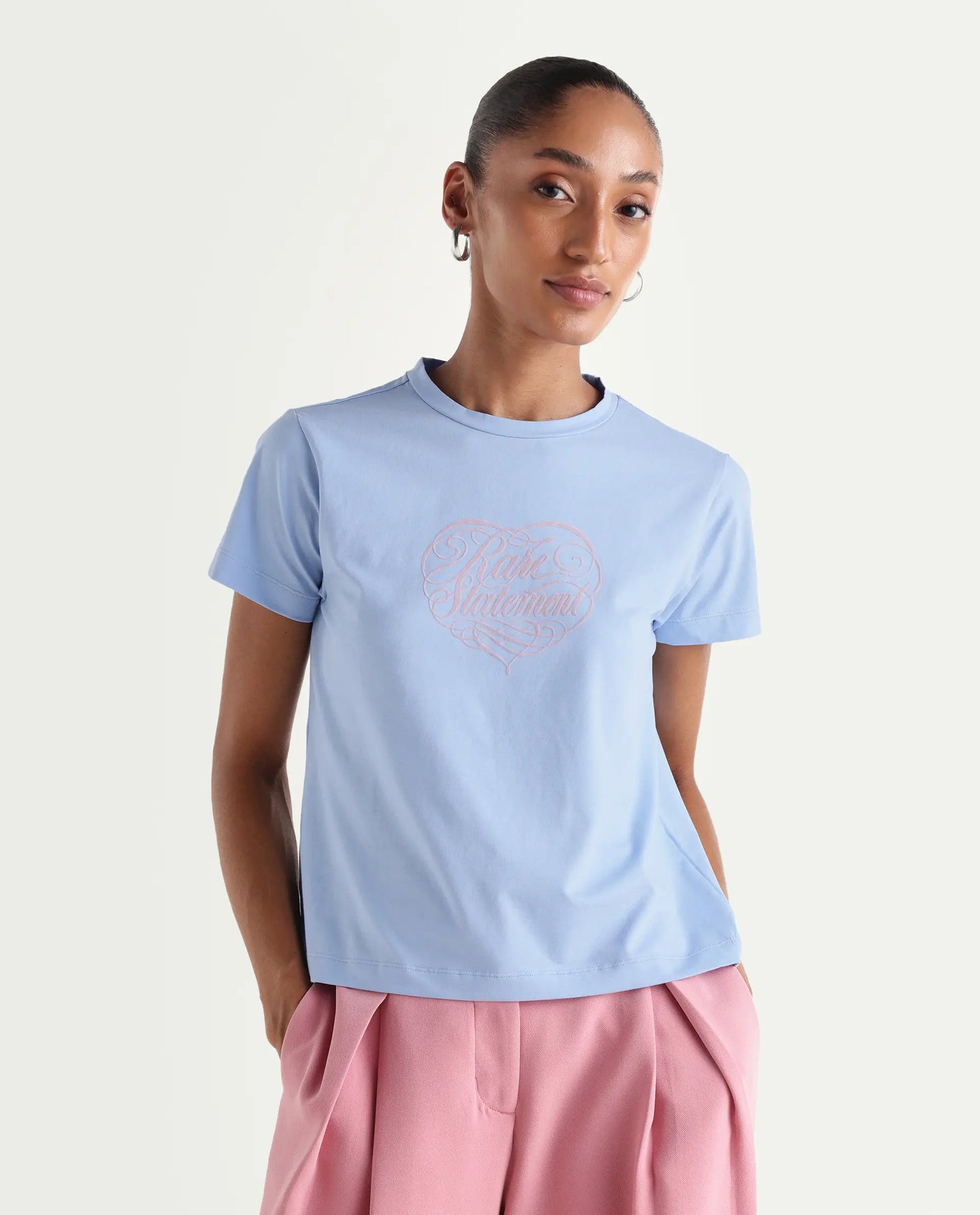 Rareism Women's Zeven Light Blue Cotton Blend Half Sleeve Regular Fit Flock Print T-Shirt