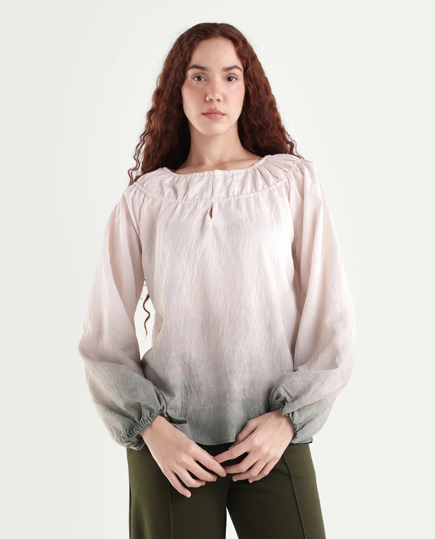 Rareism Women's Aelus Olive Viscose Blend Full Sleeve Regular Fit Ombre Print Top
