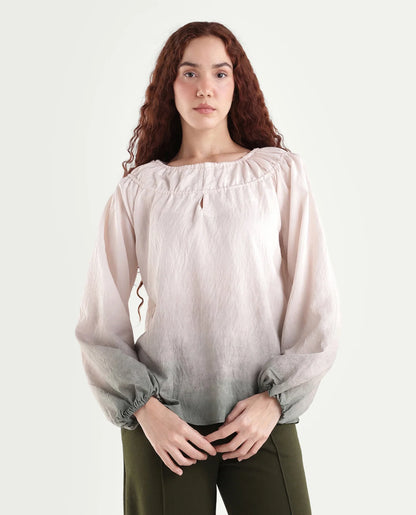 Rareism Women's Aelus Olive Viscose Blend Full Sleeve Regular Fit Ombre Print Top