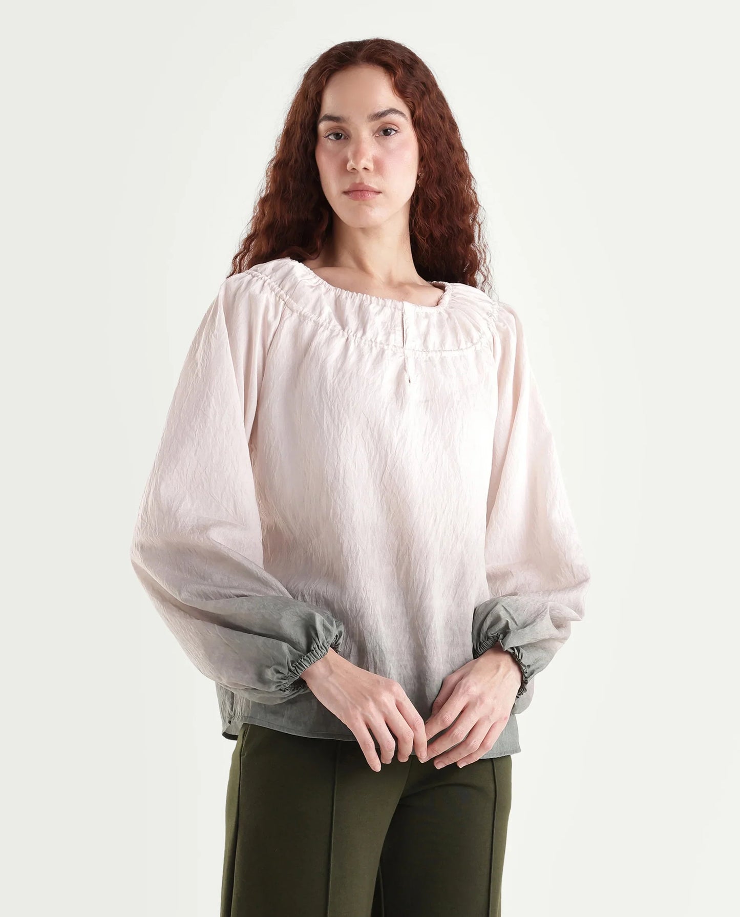 Rareism Women's Aelus Olive Viscose Blend Full Sleeve Regular Fit Ombre Print Top