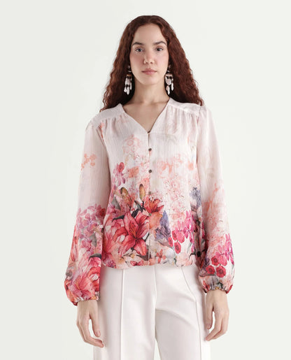 Rareism Women's Aerit Multi Viscose Blend Full Sleeve Regular Fit Floral Print Top