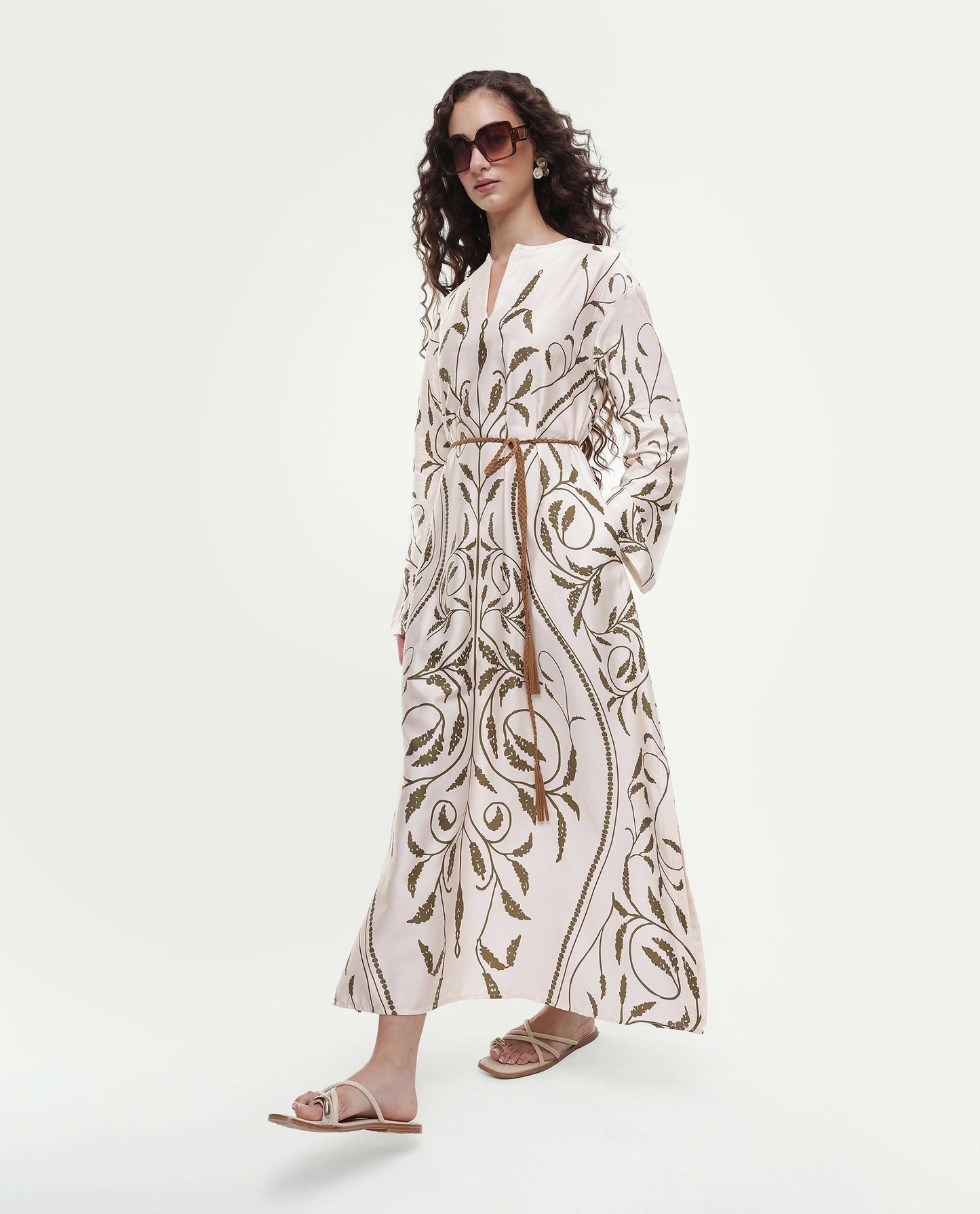 Rareism Women's Anin Beige Floral Cotton Blend A-Line Full Sleeve Dress