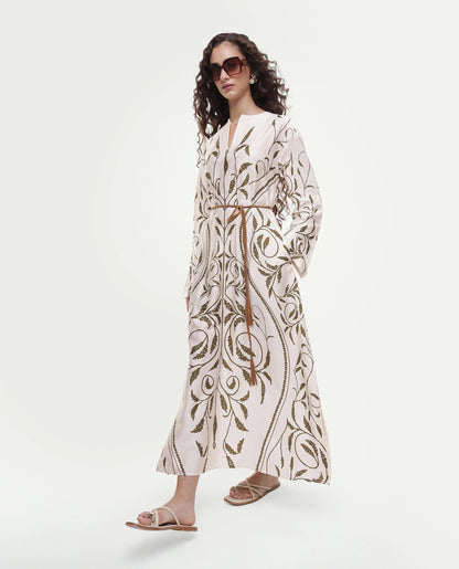 Rareism Women's Anin Beige Floral Cotton Blend A-Line Full Sleeve Dress