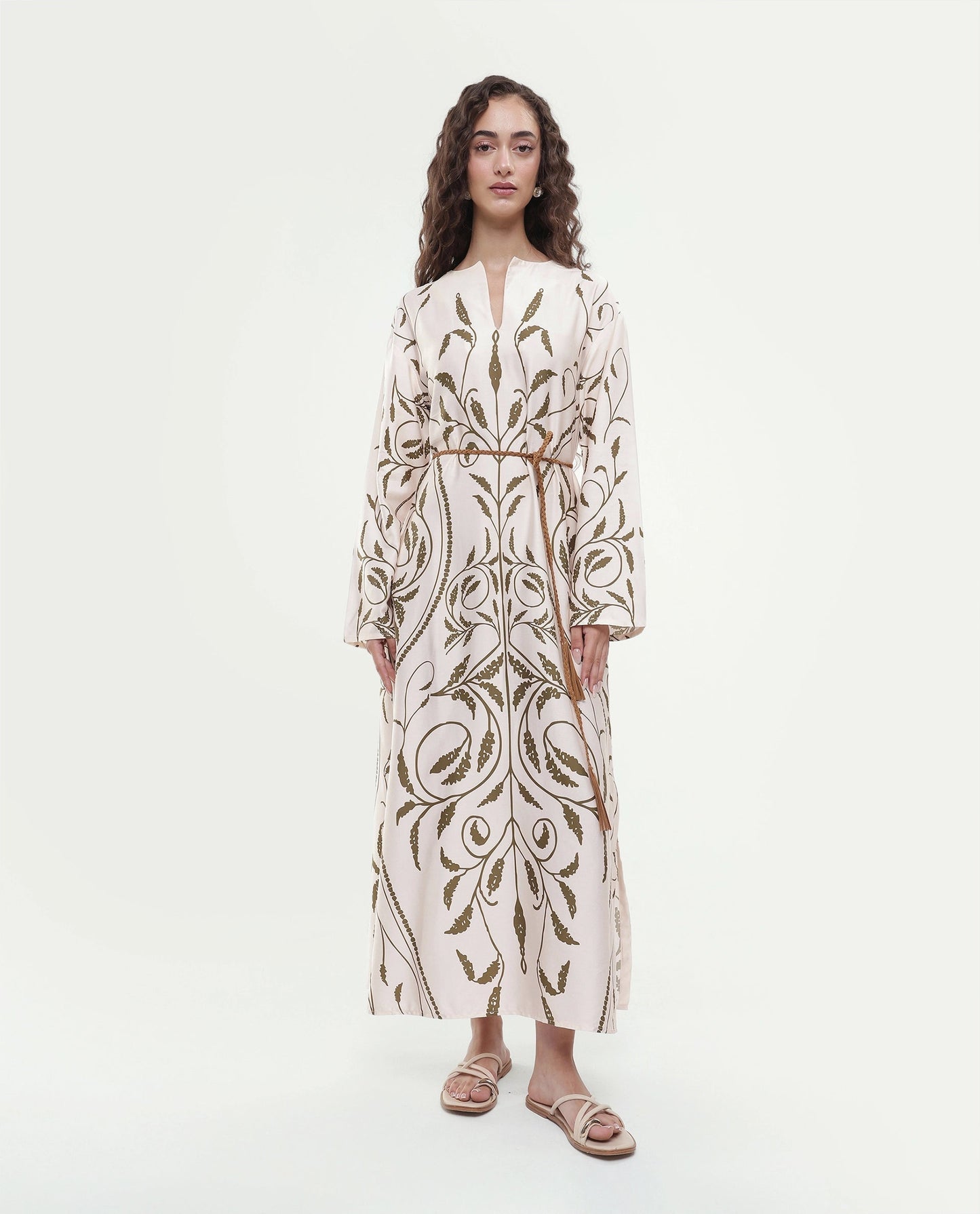 Rareism Women's Anin Beige Floral Cotton Blend A-Line Full Sleeve Dress