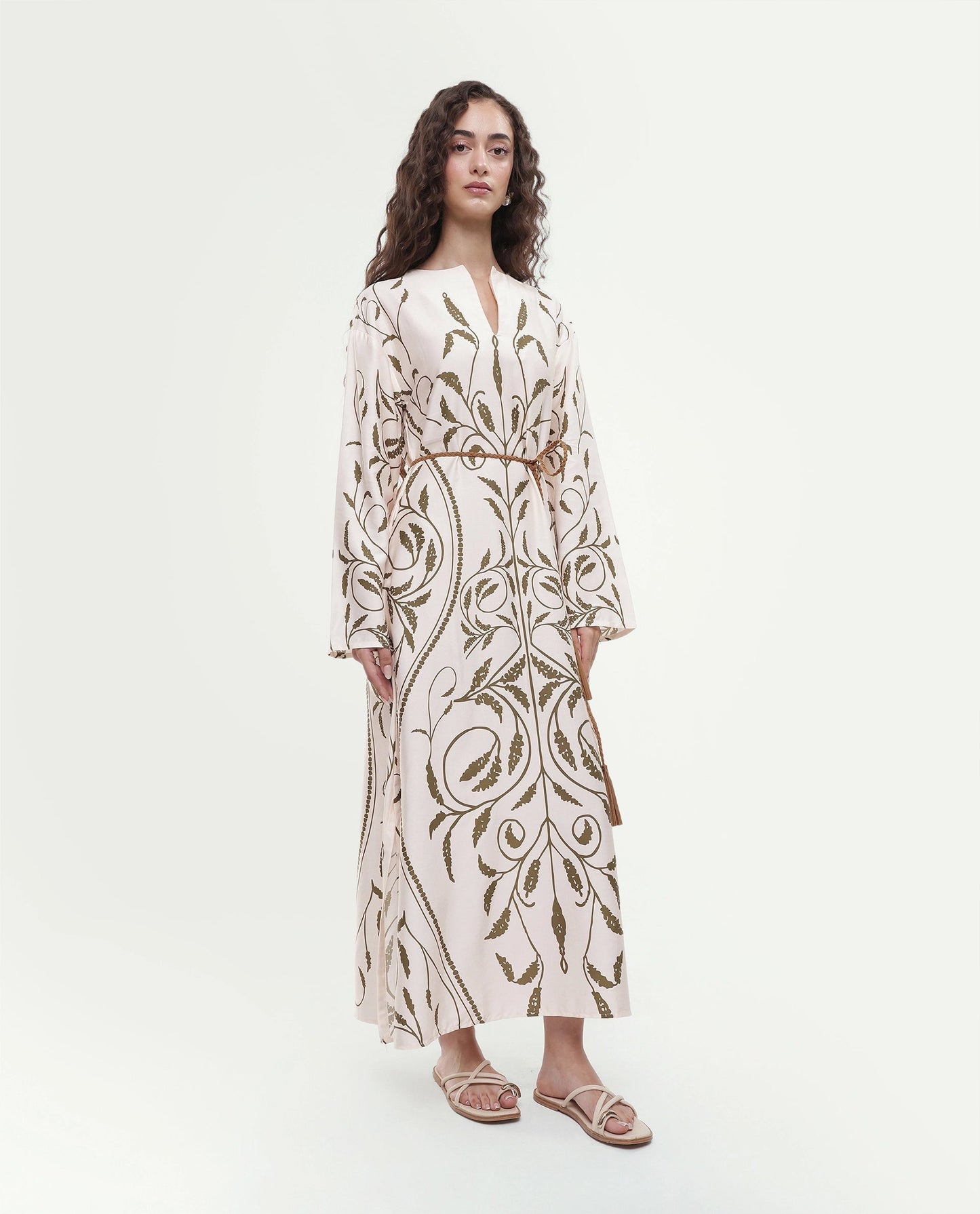Rareism Women's Anin Beige Floral Cotton Blend A-Line Full Sleeve Dress