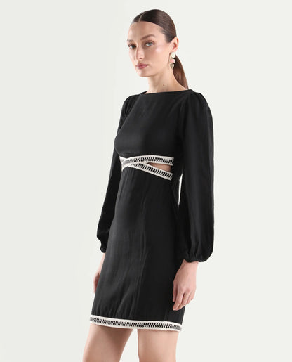 Rareism Women's Catya Black Cotton Blend Full Sleeve Bodycon Plain Dress