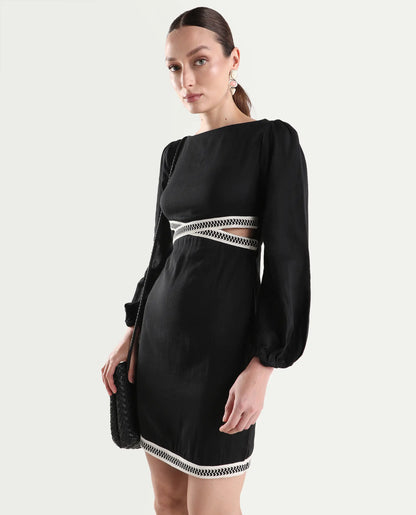 Rareism Women's Catya Black Cotton Blend Full Sleeve Bodycon Plain Dress
