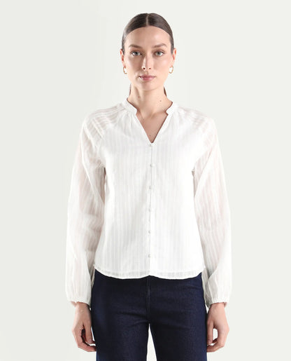 Rareism Women's Cava White Cotton Full Sleeve Regular Fit Plain Top