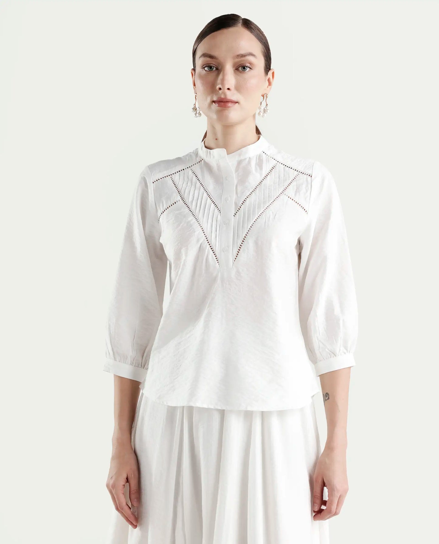 Rareism Women's Ceya White Viscose Blend 3/4th Sleeve Regular Fit Plain Top