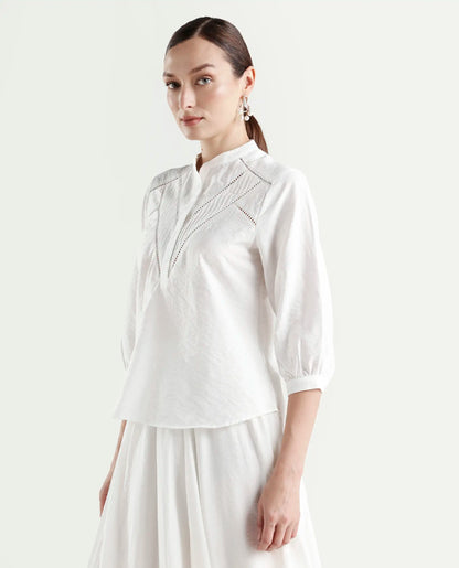 Rareism Women's Ceya White Viscose Blend 3/4th Sleeve Regular Fit Plain Top