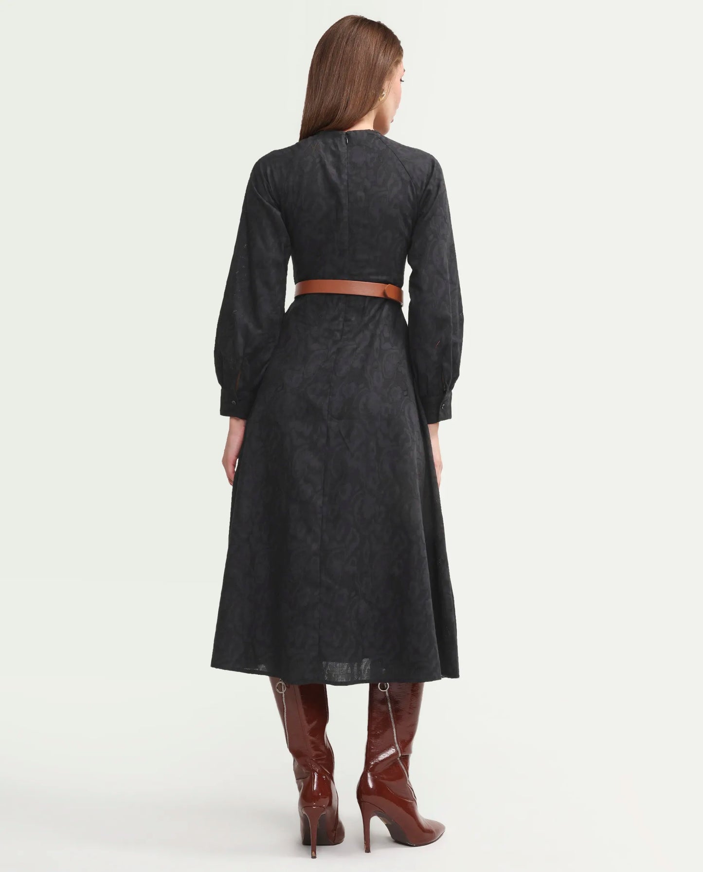 Rareism Women's Cinda Black Cotton Full Sleeve Flared Jacquard Dress