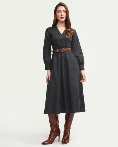 Rareism Women's Cinda Black Cotton Full Sleeve Flared Jacquard Dress