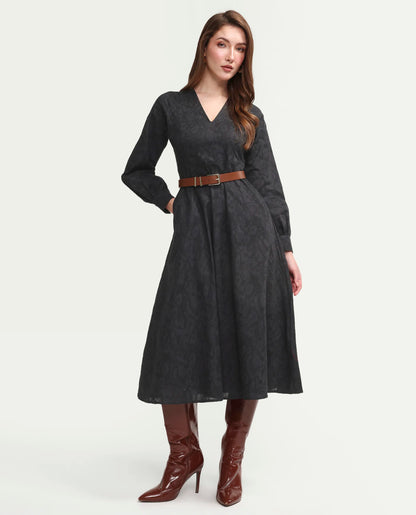 Rareism Women's Cinda Black Cotton Full Sleeve Flared Jacquard Dress