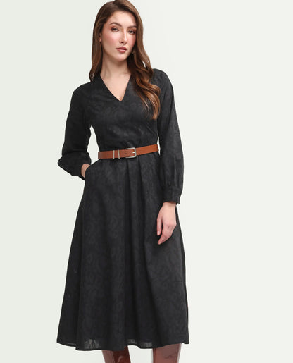 Rareism Women's Cinda Black Cotton Full Sleeve Flared Jacquard Dress