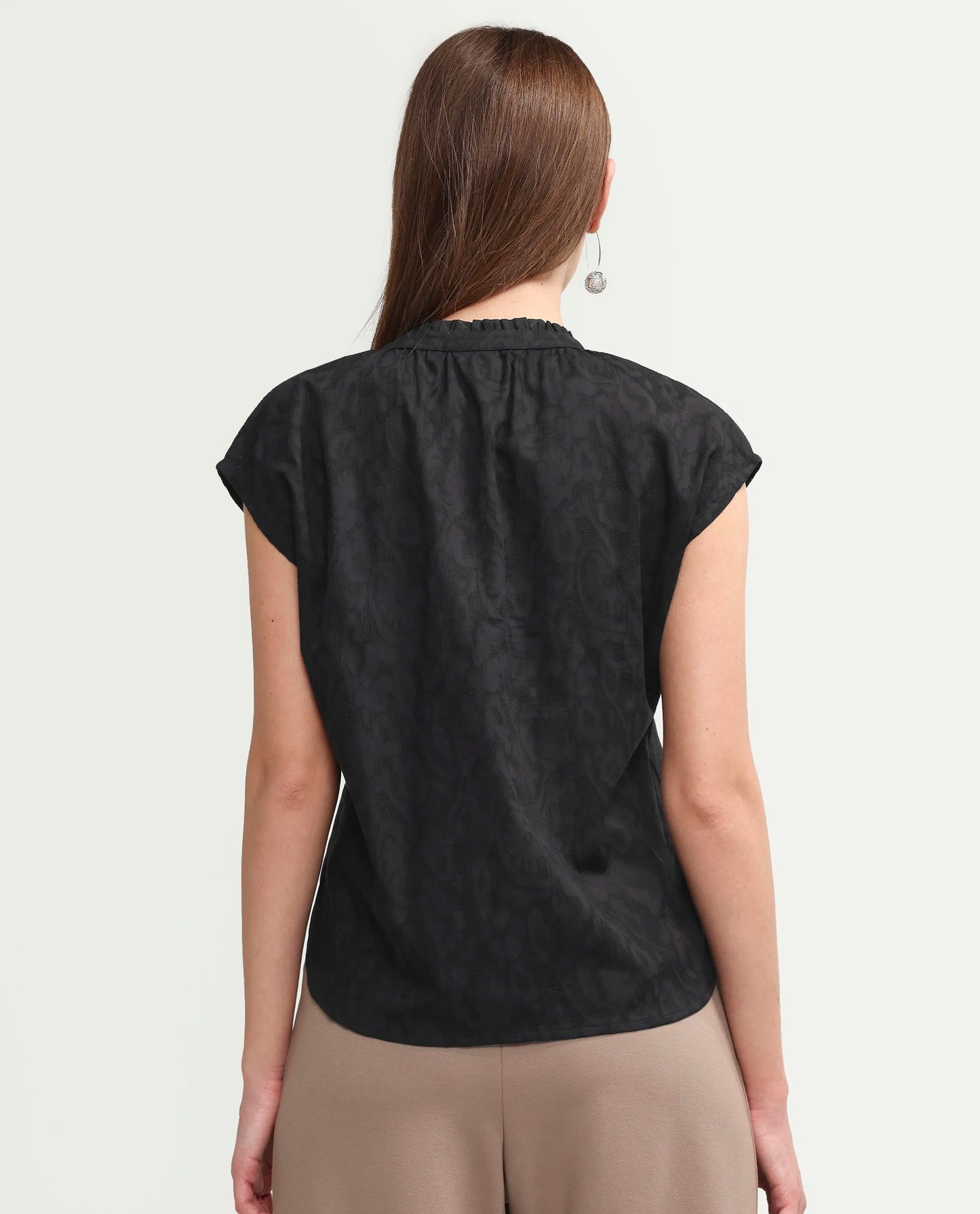 Rareism Women's Closia Black Cotton Half Sleeve Relaxed Fit Jacquard Top