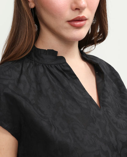 Rareism Women's Closia Black Cotton Half Sleeve Relaxed Fit Jacquard Top