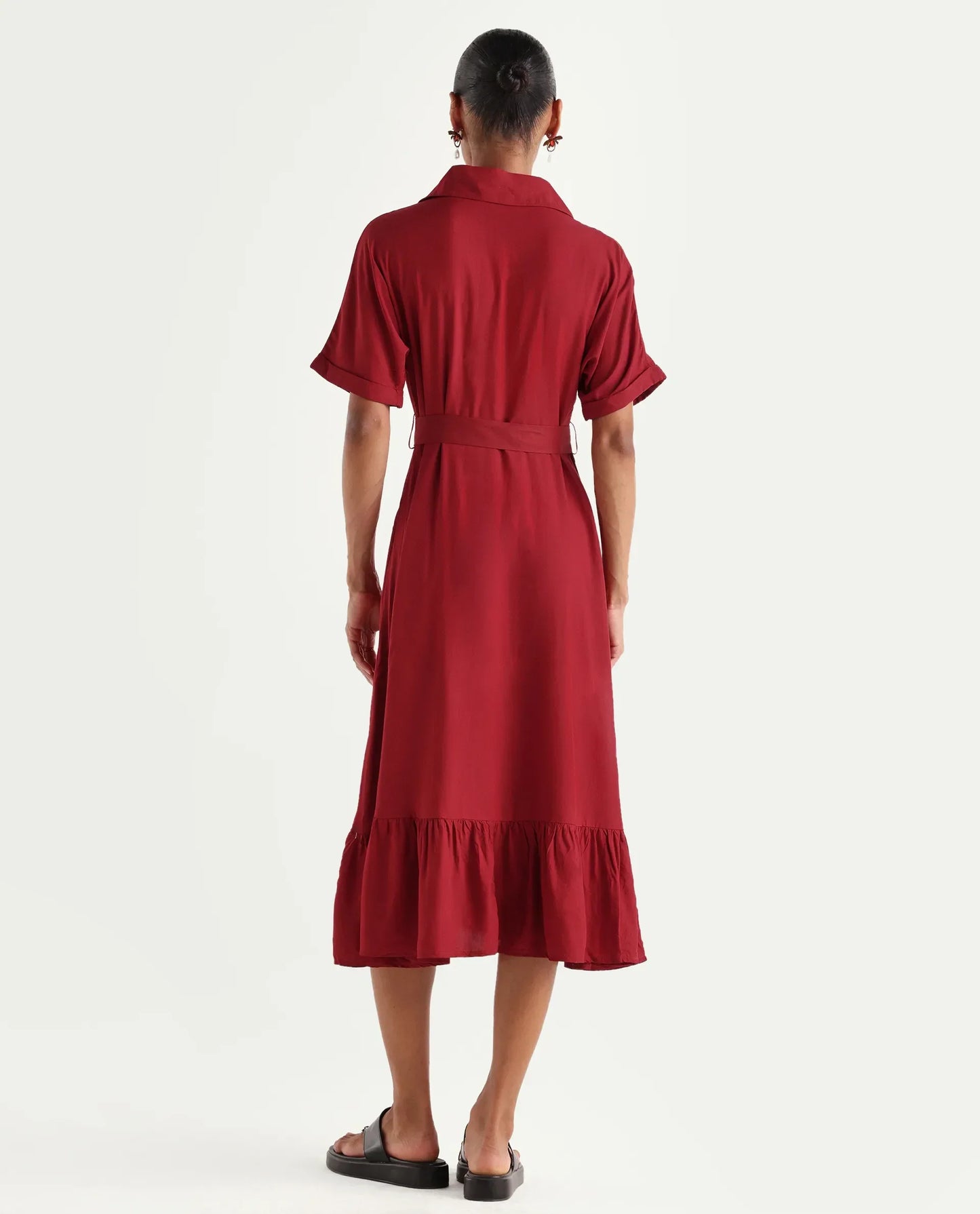 Rareism Women's Elate Red Viscose Half Sleeve A-Line Plain Dress