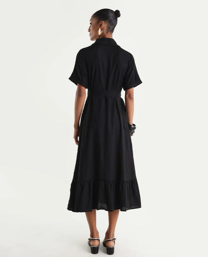 Rareism Women's Elate Black Viscose Half Sleeve A-Line Plain Dress