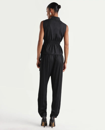Rareism Women's Tuno Black Linen Blend Carrot Plain Trouser