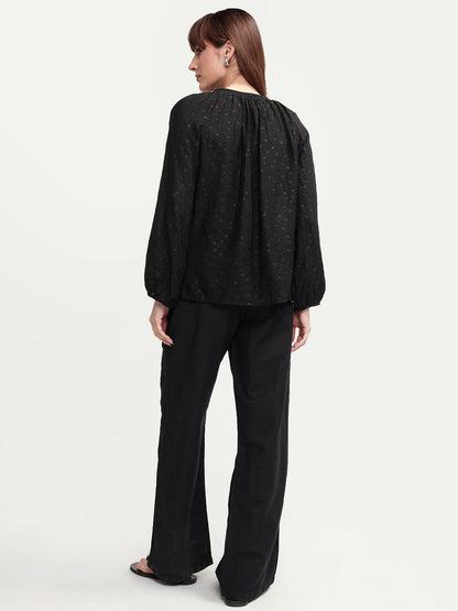 Rareism Women's Uniq Light Black Linen Blend Straight Plain Trouser