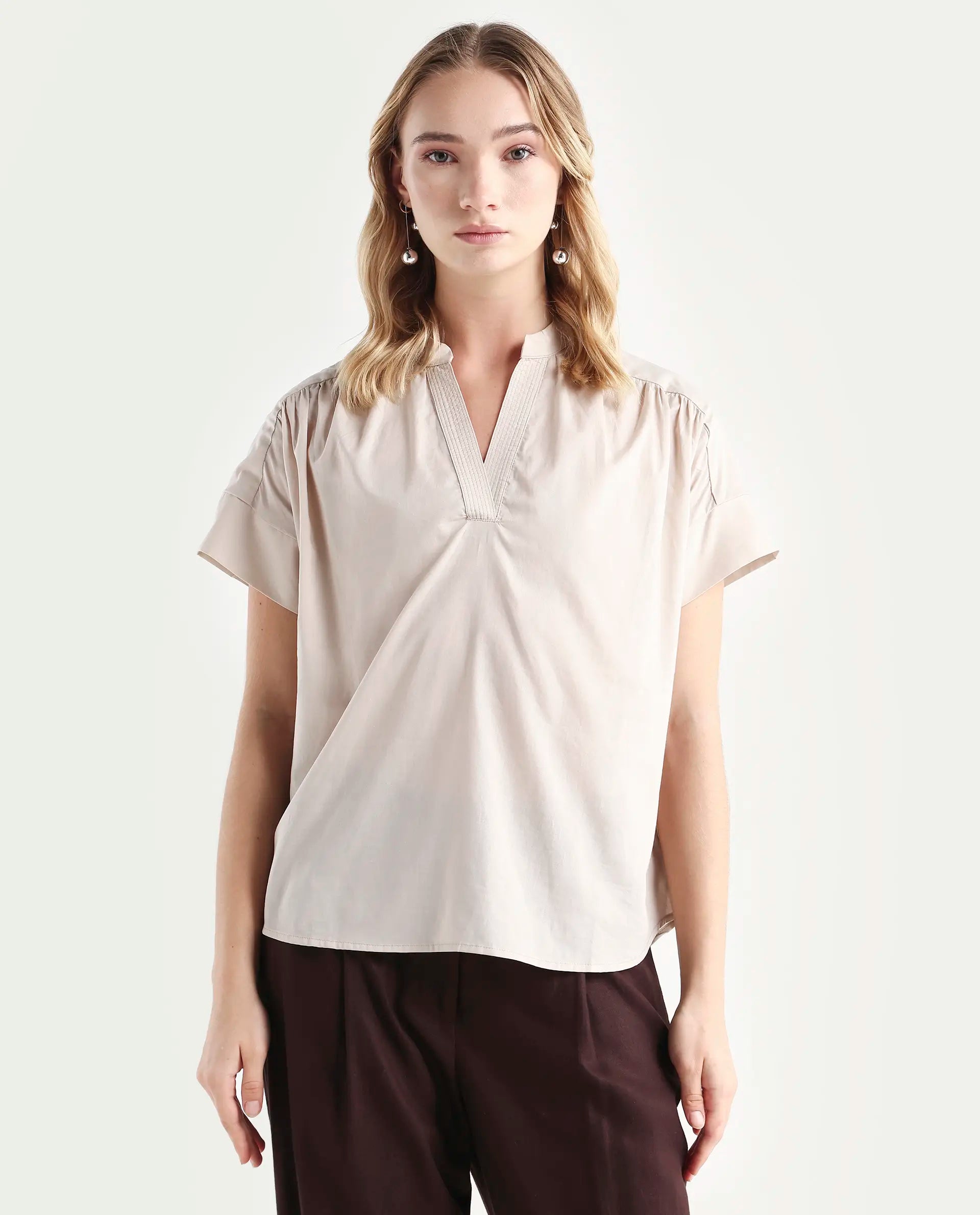 Rareism Women's Nupto Beige Cotton Mandarin Collar Relaxed Fit Plain Top | RAREISM at Broadway