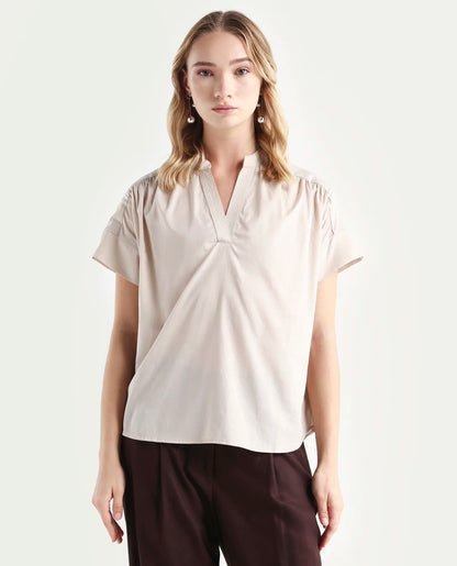 Rareism Women's Nupto Beige Cotton Mandarin Collar Relaxed Fit Plain Top | RAREISM at Broadway