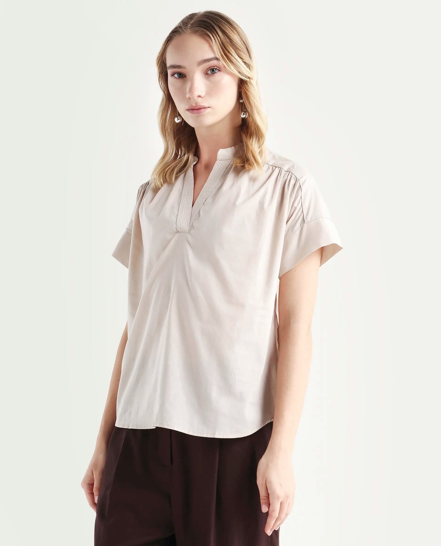 Rareism Women's Nupto Beige Cotton Mandarin Collar Relaxed Fit Plain Top | RAREISM at Broadway