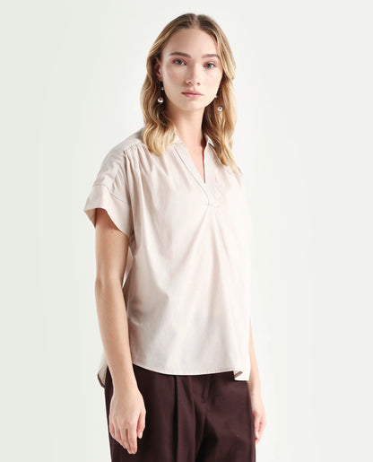 Rareism Women's Nupto Beige Cotton Mandarin Collar Relaxed Fit Plain Top | RAREISM at Broadway