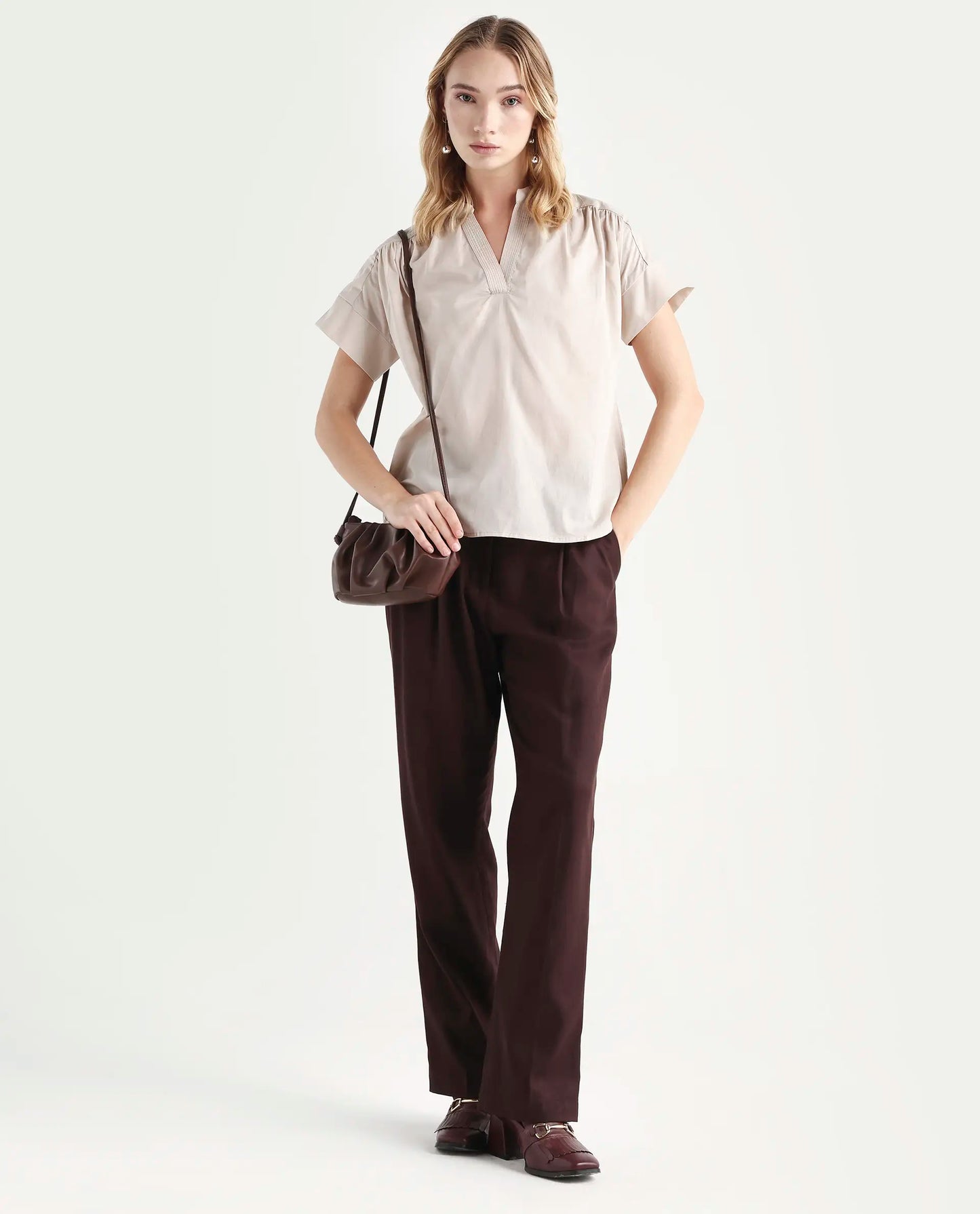 Rareism Women's Nupto Beige Cotton Mandarin Collar Relaxed Fit Plain Top | RAREISM at Broadway